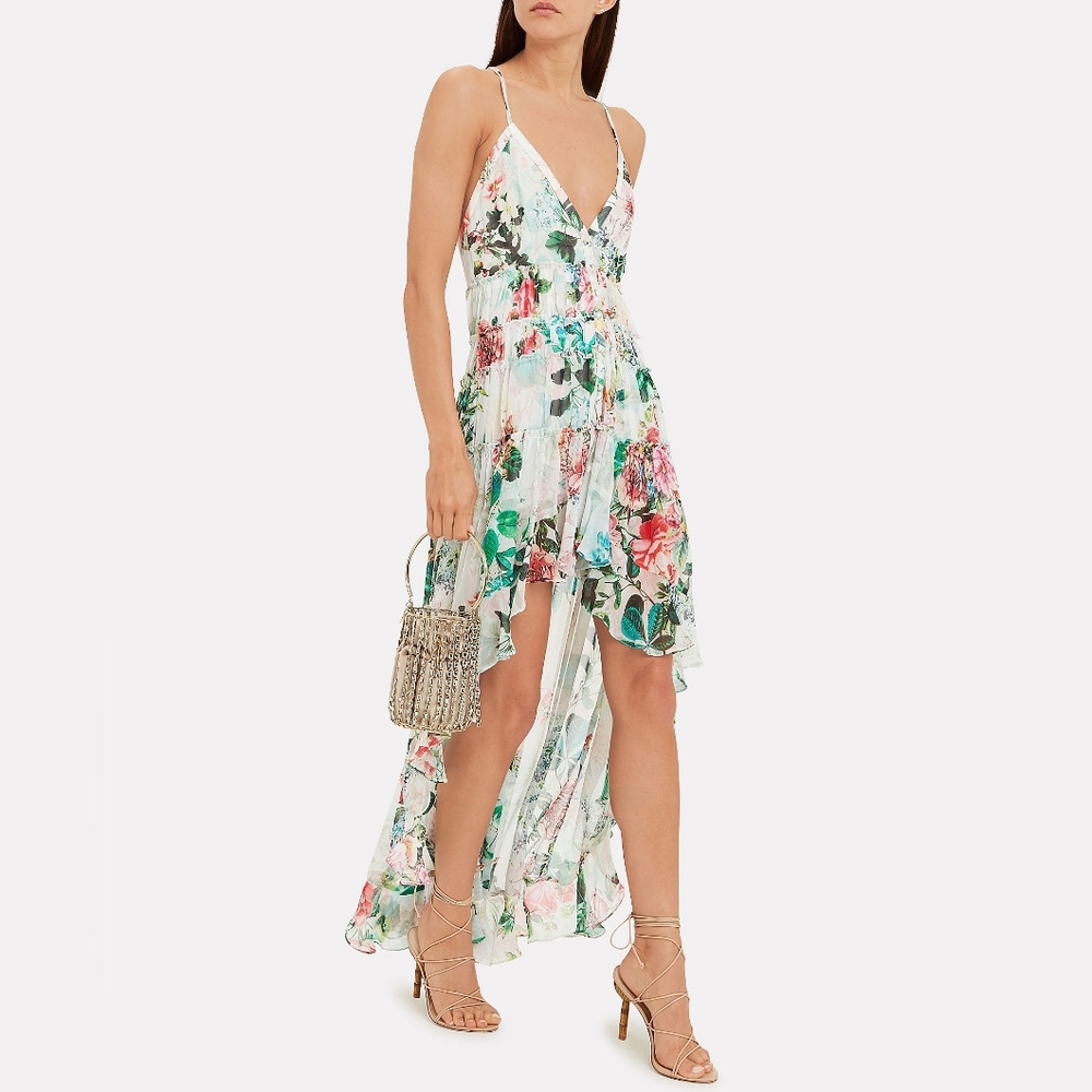 Rococo Sand Floral High-Low Slip Dress in White, Green, Pink